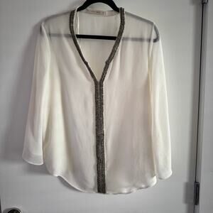New Zara Tunic Top White Round Split Neck Beaded Polyester Long Sleeve Sz L